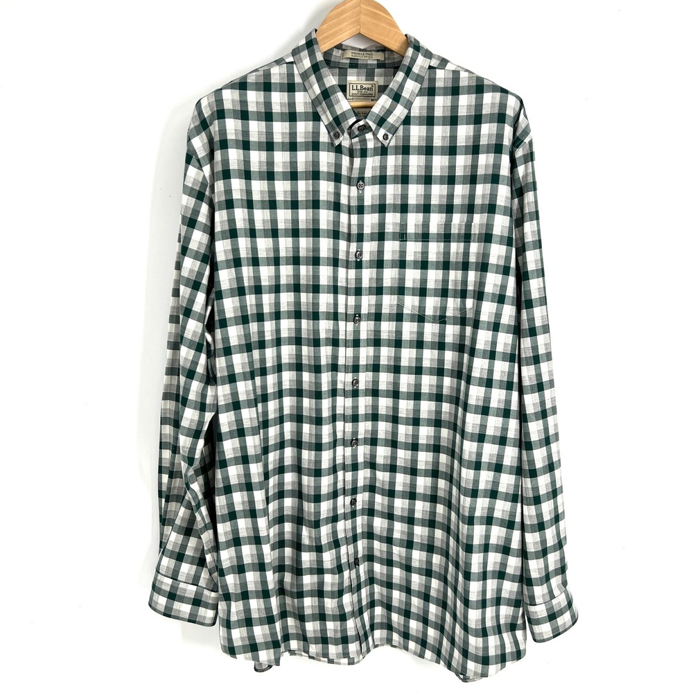 LL Bean XXL Tall Wrinkle Free Slightly Fitted Gingham Button‎ Down Shirt Green